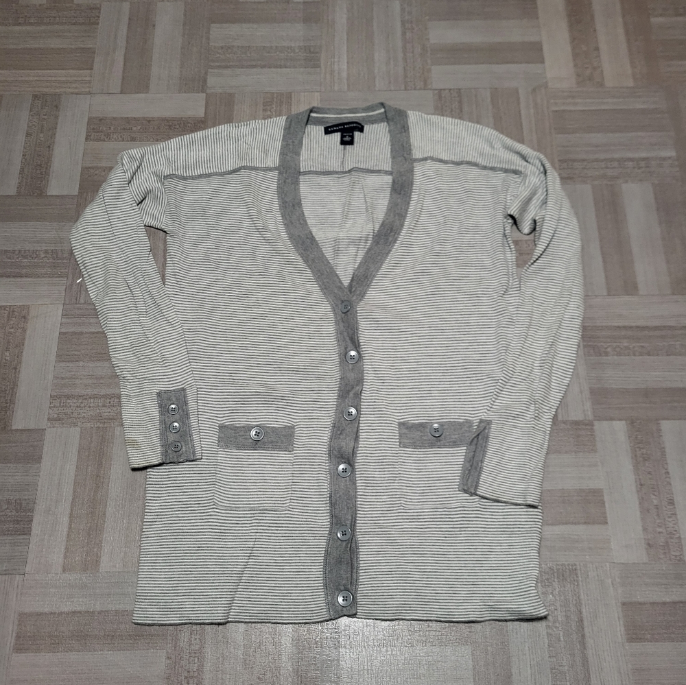-Banana Republic gray striped cardigan. Small Petite